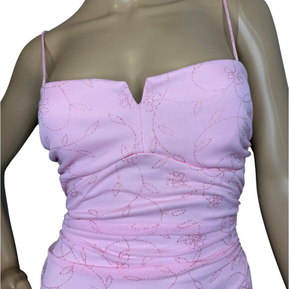 90s Y2K City Triangles Pink Floral Pattern Cottagecore Midi Dress With Ruffled H - Picture 2 of 13